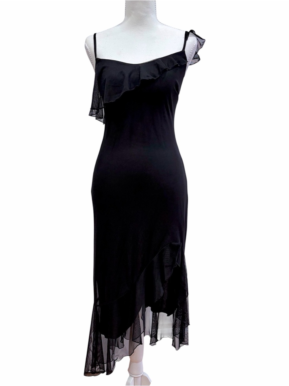 Y2K Lovely Day Black Ruffle Mesh Handkerchief Hem Dress Size M